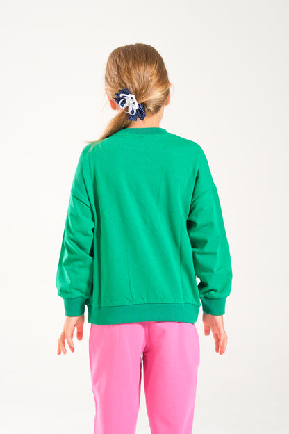 Kız Çocuk %100 Pamuk Oversize Sweat Ve Likralı İki İplik Çima Detaylı Pantolon Takımı - Pembe-Yeşil