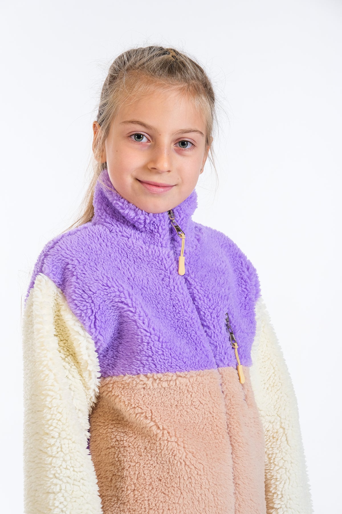 Kız Çocuk Fermuarlı Peluş Hırka - Lila-Bej-Ekru