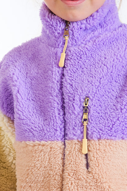 Kız Çocuk Fermuarlı Peluş Hırka - Lila-Bej-Ekru