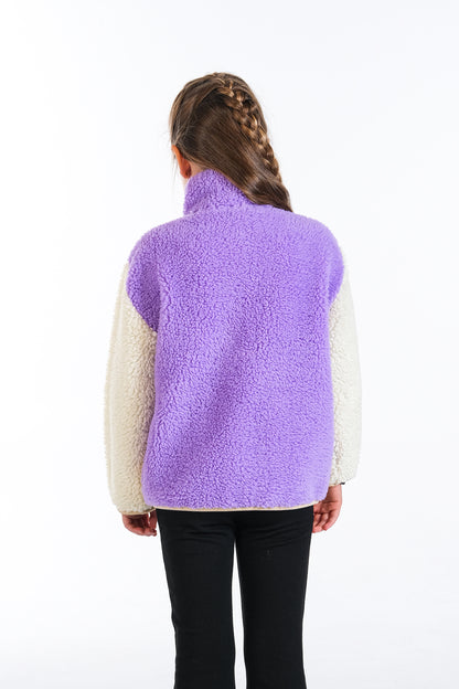 Kız Çocuk Fermuarlı Peluş Hırka - Lila-Bej-Ekru