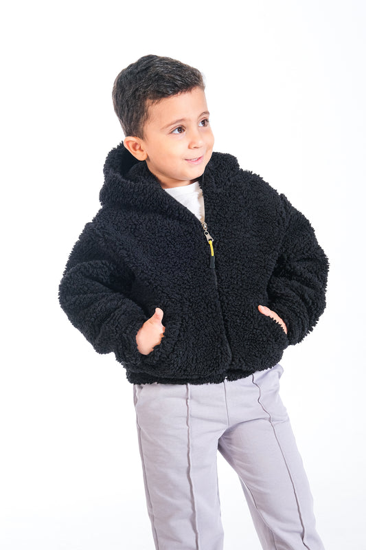 Erkek Çocuk Peluş Fermuarlı Astarlı Mont - Siyah
