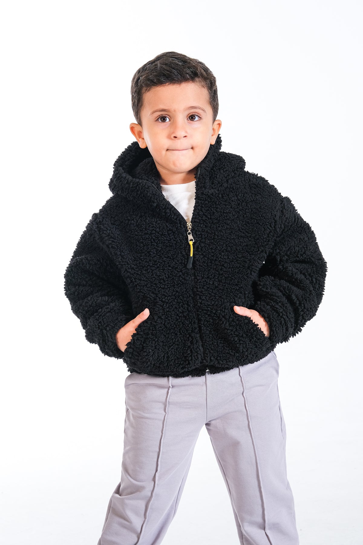 Erkek Çocuk Peluş Fermuarlı Astarlı Mont - Siyah