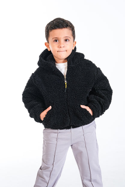 Erkek Çocuk Peluş Fermuarlı Astarlı Mont - Siyah