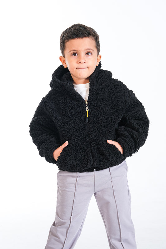 Erkek Çocuk Peluş Fermuarlı Astarlı Mont - Siyah