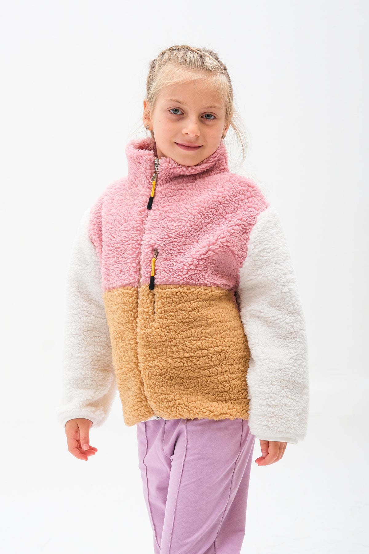 Kız Çocuk Fermuarlı Peluş Hırka - Bej-Pembe-Ekru