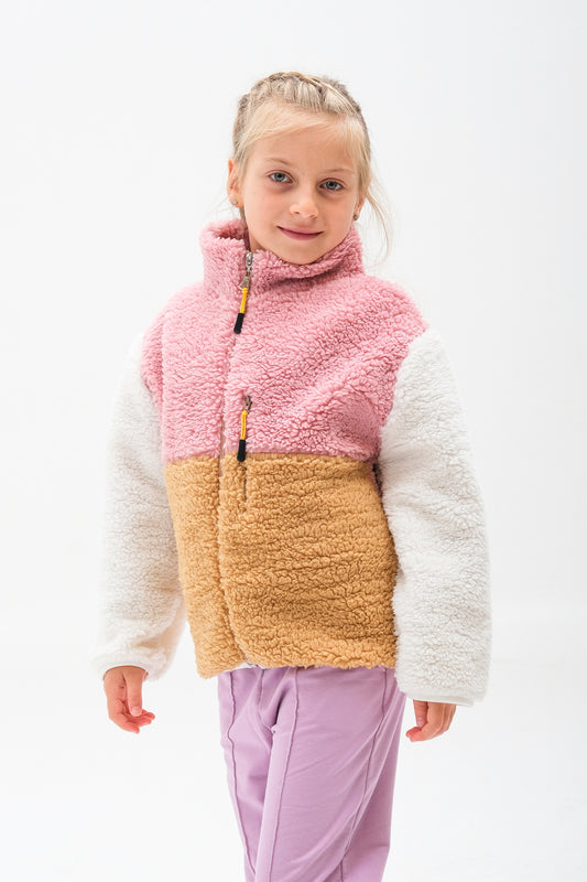 Kız Çocuk Fermuarlı Peluş Hırka - Bej-Pembe-Ekru