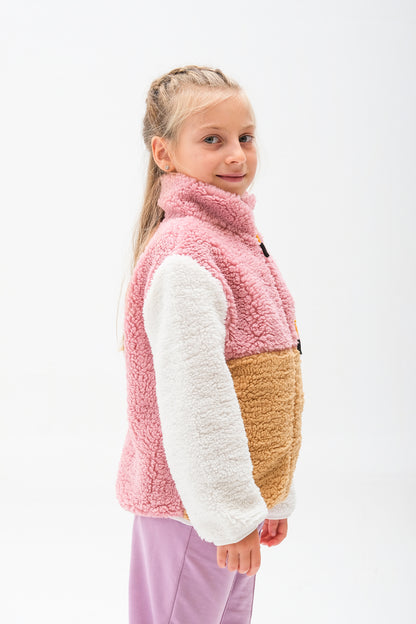 Kız Çocuk Fermuarlı Peluş Hırka - Bej-Pembe-Ekru
