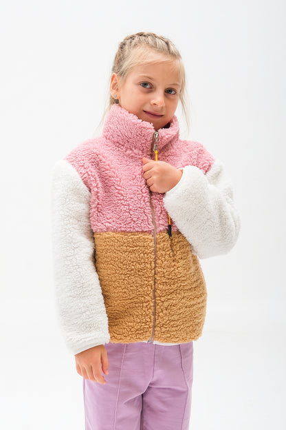 Kız Çocuk Fermuarlı Peluş Hırka - Bej-Pembe-Ekru