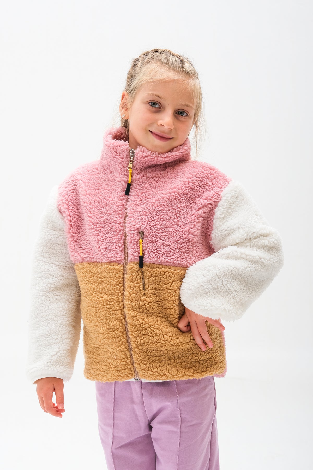 Kız Çocuk Fermuarlı Peluş Hırka - Bej-Pembe-Ekru