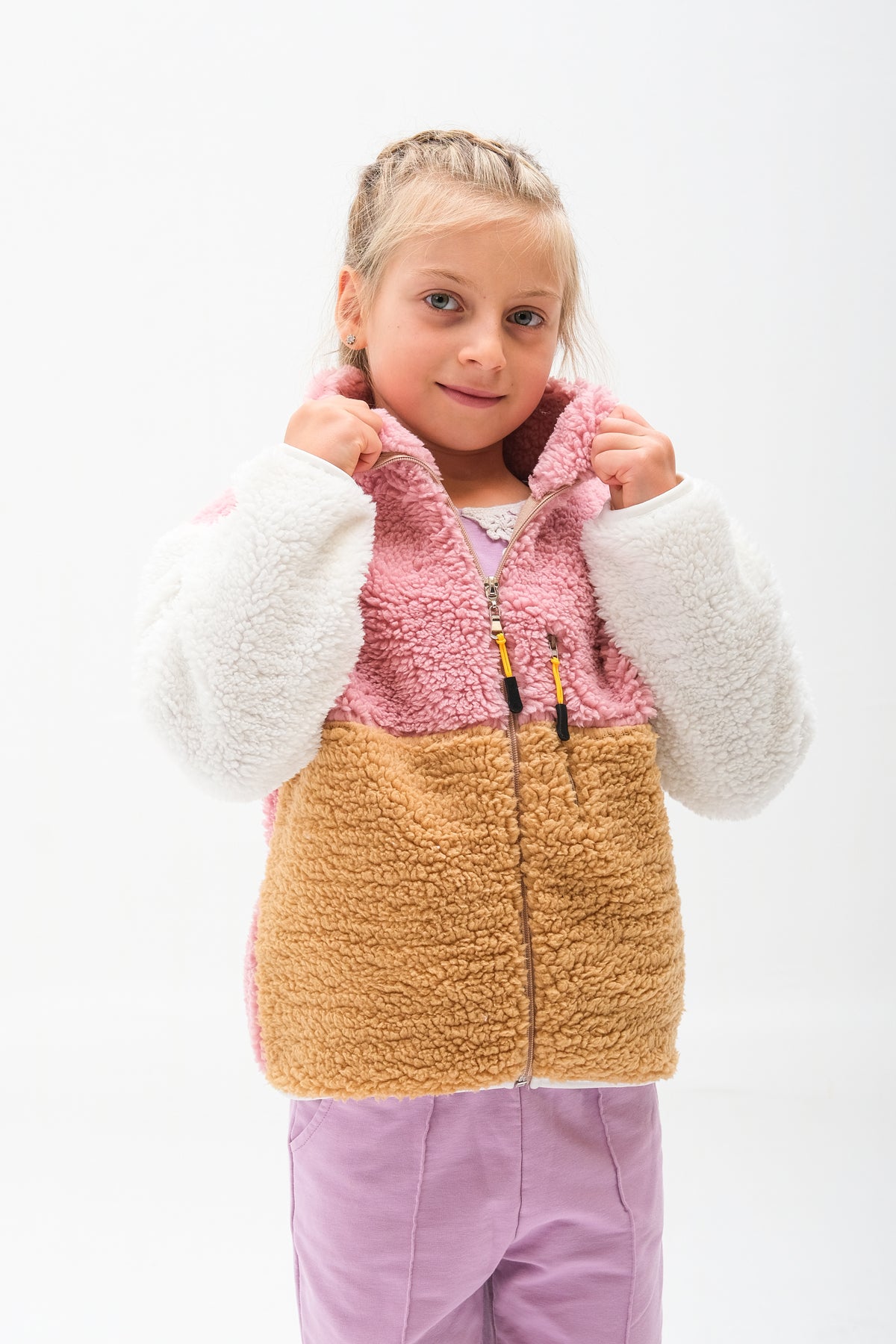 Kız Çocuk Fermuarlı Peluş Hırka - Bej-Pembe-Ekru