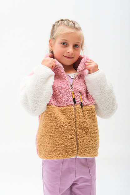 Kız Çocuk Fermuarlı Peluş Hırka - Bej-Pembe-Ekru