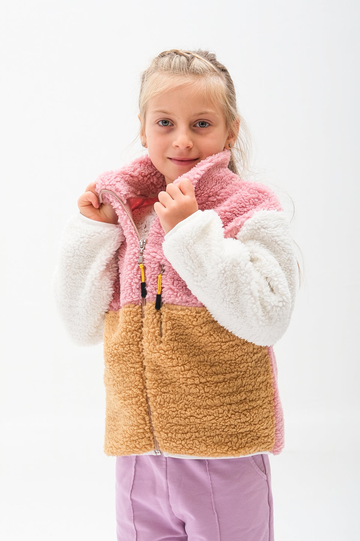 Kız Çocuk Fermuarlı Peluş Hırka - Bej-Pembe-Ekru