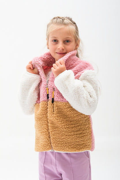 Kız Çocuk Fermuarlı Peluş Hırka - Bej-Pembe-Ekru
