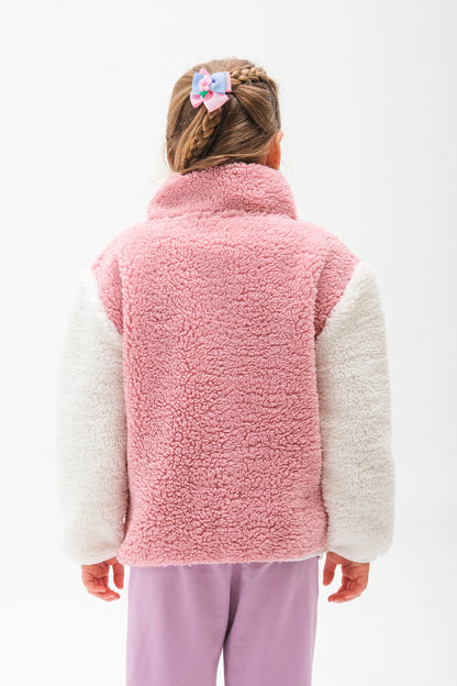 Kız Çocuk Fermuarlı Peluş Hırka - Bej-Pembe-Ekru