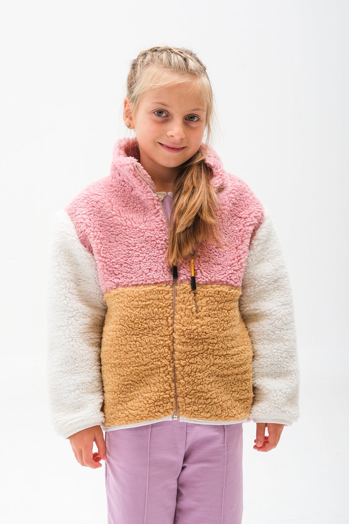 Kız Çocuk Fermuarlı Peluş Hırka - Bej-Pembe-Ekru