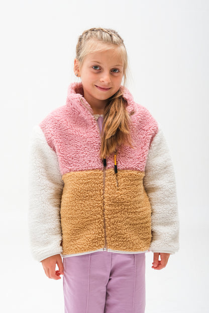 Kız Çocuk Fermuarlı Peluş Hırka - Bej-Pembe-Ekru
