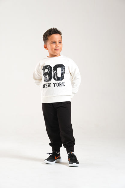 Erkek/Kız Oversize Çocuk Takım %100 Pamuk - Ekru-Siyah